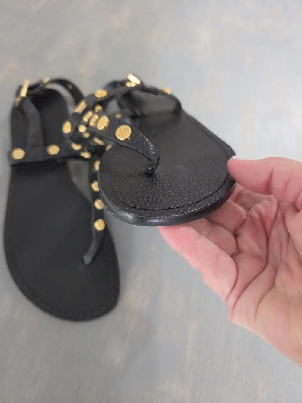 Tory BURCH Black Leather T-Strap Sandals with Gold Studs